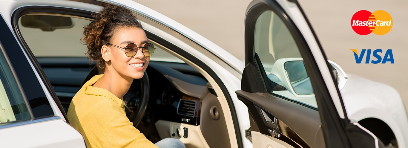 Driver_payment Woman in car with payment options Visa and Mastercard